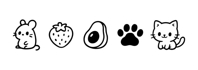 Cute doodle icons of animals fruits and food in simple style