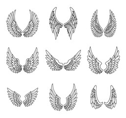 Collection of decorative angel wings line art isolated vector set