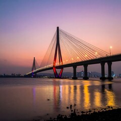 Illuminated cable-stayed bridge at sunset, reflected in calm water