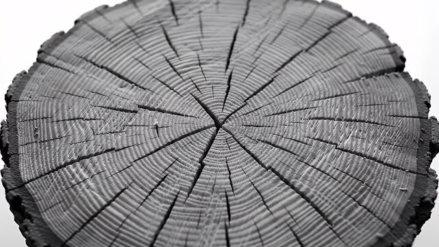 Detailed Monochromatic Tree Stump Cross Section Featuring Concentric Annual Growth Rings on a Plain White Background