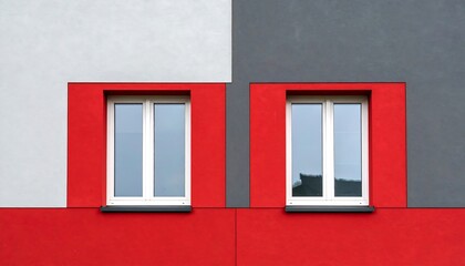 Two symmetrical white windows framed by red and gray on a building facade.