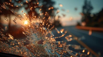 A close-up of a shattered car window reflecting sunlight and driving scenery, evoking a sense of damage and potential danger on the road.