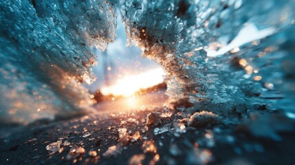 A stunning close-up of ice formations framing a vibrant sunset, showcasing shimmering textures and colors.