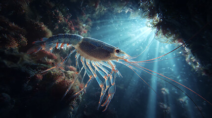 Underwater shrimp macro shot in ocean with sunlight and coral reef background stock photo image view 4k hd