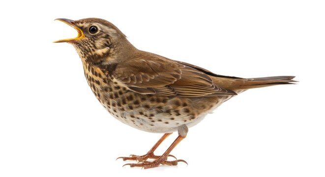 A song thrush with its beak open showing its throat