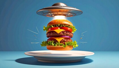 Flying saucer abducting burger with beam of light over plate on blue background