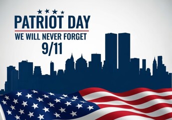 Skyline silhouette honors Patriot Day with waving flag graphic