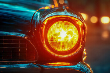 Warm light from a classic car headlight illuminates a city street at dusk, creating a nostalgic urban atmosphere