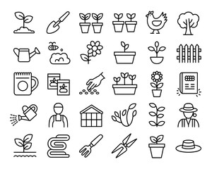 Collection of gardening and farming icons in a clean outline style