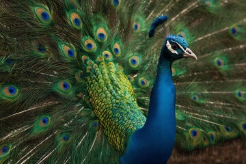 Fototapeta premium A peacock displays its stunning array of iridescent feathers in a vibrant garden. The intricate patterns and colors shine in the midday sun, capturing the beauty of nature