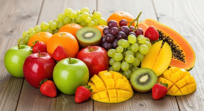 Vibrant Assortment of Fresh Ripe Fruits on a Rustic Wooden Table