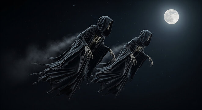 Two sinister wraiths in tattered black robes fly towards a glowing moon in a dark ,Halloween background, advertising, poster, pamphlet 