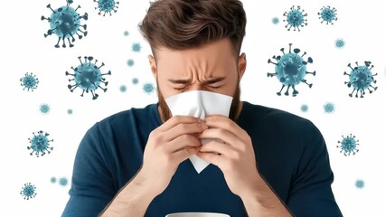 A person experiences cold symptoms while surrounded by representations of viruses. The importance of recognizing signs and managing health effectively in relation to common infections is highlighted