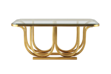 Gold-toned coffee table with a glass top.  Curved,  interlocking  legs