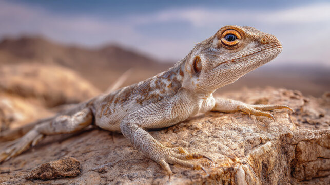 Close-up of desert lizard resting on rocky surface with detailed scales and alert expression, set against a blurred arid landscape under blue sky.