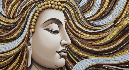 Serene Buddha Mosaic With Flowing Golden Hair