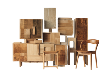 Collection of diverse wooden furniture pieces, showcasing various textures and shapes.  Stacked and juxtaposed, with different sizes and configurations.  Natural wood tones