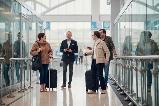Group of young adult and middle aged Caucasian men and woman walking through airport terminal carrying suitcases and talking, business travelers moving together in modern transportation hub