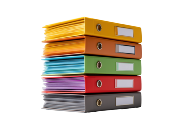 Stack of colorful office ring binders filled with organized documents and paper sheets for filing and administration PNG with a transparent background