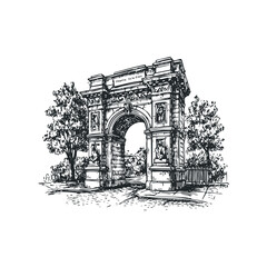 Fototapeta premium Ornate Stone Archway with Trees and Detailing
