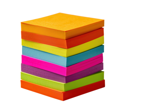 Stack of colorful sticky notes in various vibrant neon colors used for reminders, office planning, and organization PNG with a transparent background