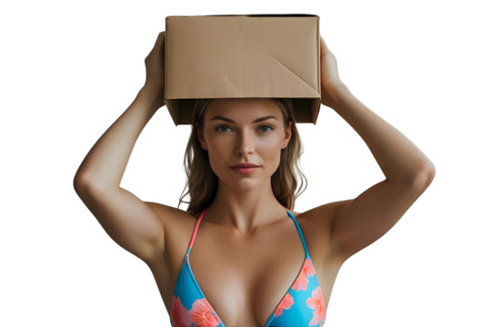 ダンボール箱をかぶっている水着の女