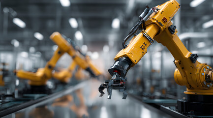 Drone manufacturing with robotic arms in smart factory, high tech industrial automation background