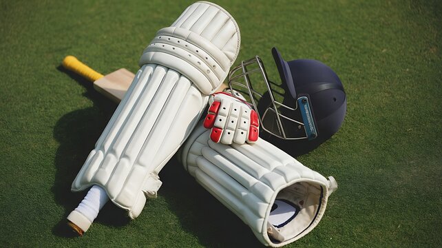 Complete Cricket Gear Set on Green Grass Field for a Sporting Event or Competition Ready for Game Batting and Fielding Equipment Protective Gear