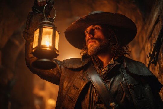 A musketeer confidently moves through a hidden passage, holding a lantern up to illuminate the dark surroundings. His sword is drawn, ready to face any lurking dangers ahead