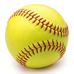 Yellow softball with red stitching isolated on white background
