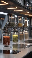 Futuristic kitchen pantry with robotic arms holding jars of spices and grains