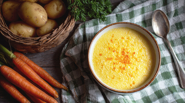 Bowl of creamy carrot and potato soup with fresh vegetables on rustic table setting.