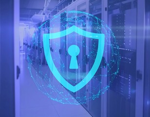 Futuristic Blue Shield Icon Overlaying a Digital Globe in a Server Room.