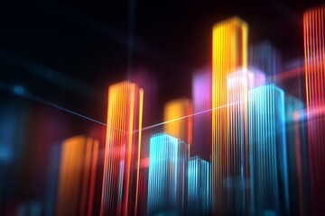 Abstract vibrant bar graph with glowing lines on a dark background, concept for data visualization, business presentation and financial analysis