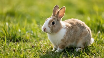Fototapeta premium A brown and white rabbit sits crouched on green grass with its ears upright, round bright eyes, and an alert yet cute expression.