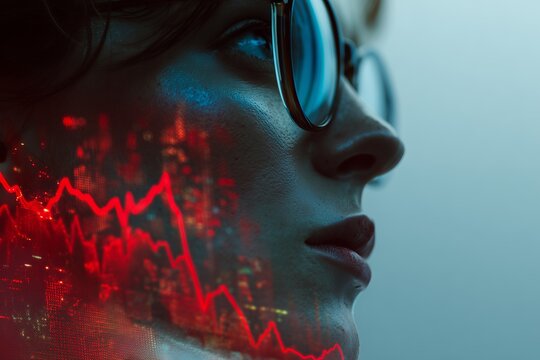 Close-up on a woman's face with red graph overlay, wearing glasses in soft blue light, pensive look. Concept for financial analysis, investment risk assessment and market volatility