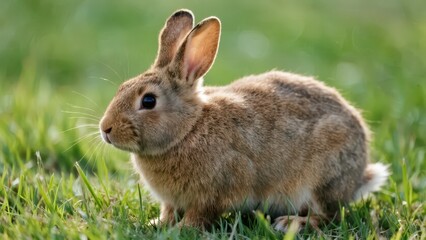 A brown and white rabbit sits crouched on green grass with its ears upright, round bright eyes, and an alert yet cute expression.