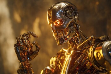 Futuristic robot with glowing eyes and metallic skeleton in a scifi setting