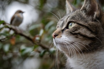 Obraz premium Close up of tabby cat looking up at a bird perched on a tree branch in outdoor daylight. Concept for animal behavior, pet care and wildlife photography