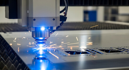 Precision industrial laser machine accurately shaping metal sheets with a powerful blue beam and brilliant sparks, highlighting modern manufacturing technology.