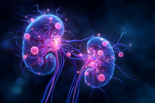 Two kidneys illustration with glowing viral particles floating, shown against a dark blue background, concept for renal disease study, immunology research and nephrology publications