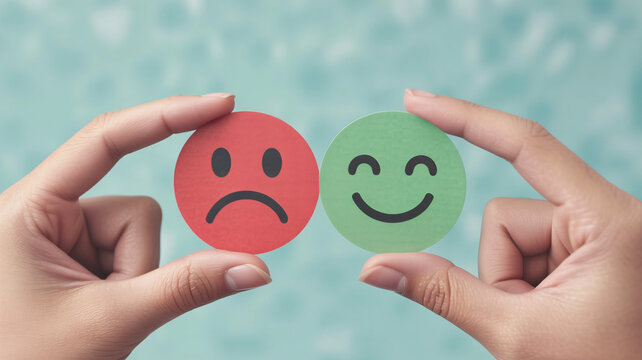 Hands holding contrasting happy and sad smiley faces, symbolizing customer satisfaction and feedback. - Powered by Adobe