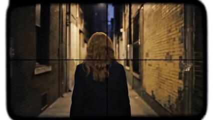 A lone individual walks into the shadowy depths of a narrow, historic urban alley at night, viewed through a targeted reticle, evoking themes of mysterious surveillance and impending drama.