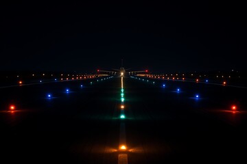 Fototapeta premium Safe Flight: Airplane Landing at Night with Illuminated Runway Lights Guiding the Way for Aviation Safety and International Travel Concepts