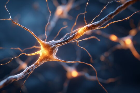 Detailed neuron cells with electrical impulses in the brain on a blue background. Concept for neuroscience research, medical illustration and neurological studies