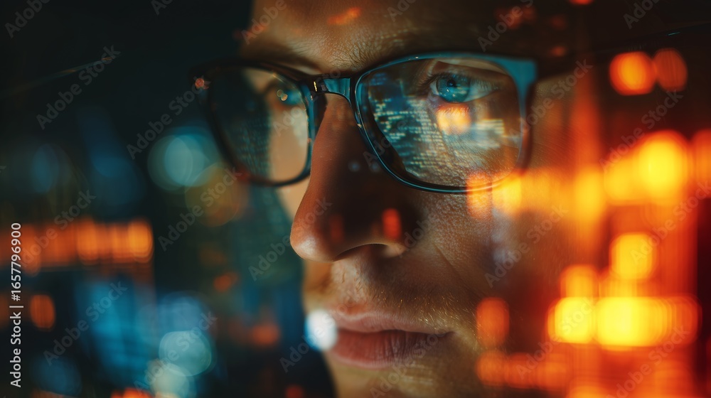 Wall mural close-up of a man wearing glasses with code reflected in them, bright bokeh overlayed. concept for s