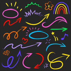 Vector image of messy set of sketch and pattern hand drawn. underline, highlight, arrow set. Hand drawn brush stroke, highlight, speech bubble, underline. Element for your design 