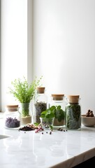 Minimal marble kitchen counter with glass jars of herbs and scattered spices, modern culinary design