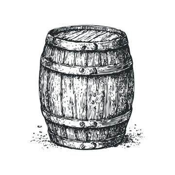 Wooden Barrel With Metal Bands Hand Drawn Sketch
