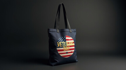 A dark blue tote bag displaying a circular veterans day design with an american flag motif, set against a dark background to honor military veterans and their service